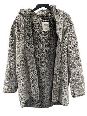 Victorias Secret Pink Sherpa Open Front Hooded Jacket XS Gray Cozy Casual Lounge